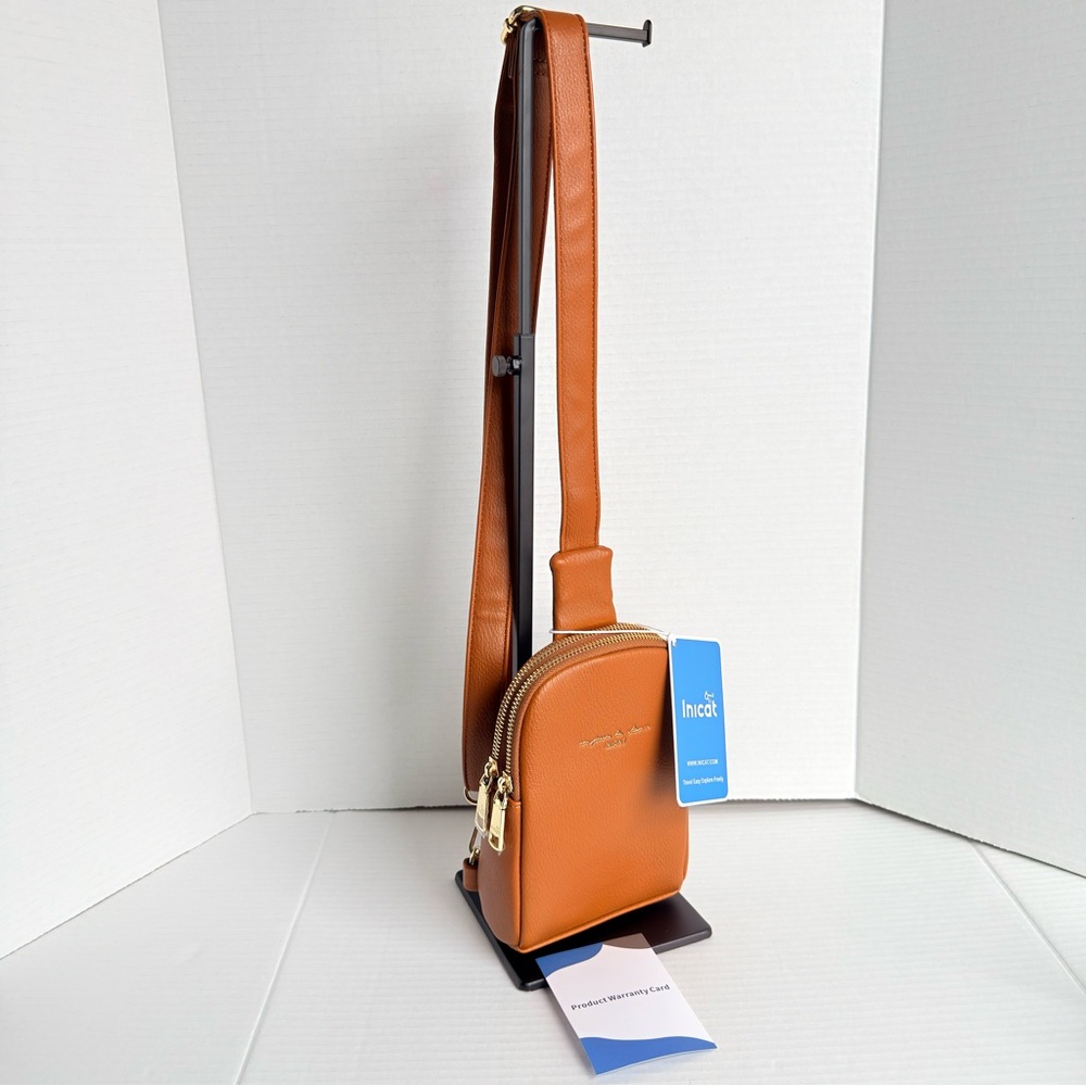 Inicat Leather Crossbody Phone Bag Mini Travel Purse Caramel Brown NWT